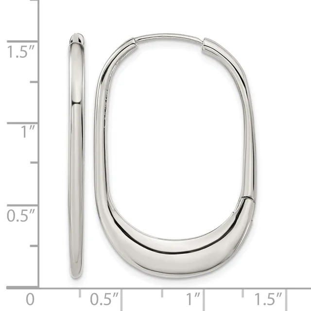 A pair of polished silver oval hoop earrings shown from the front and side, measuring approximately 1.5 inches long and 0.75 inches wide.