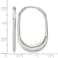 A pair of polished silver oval hoop earrings shown from the front and side, measuring approximately 1.5 inches long and 0.75 inches wide.