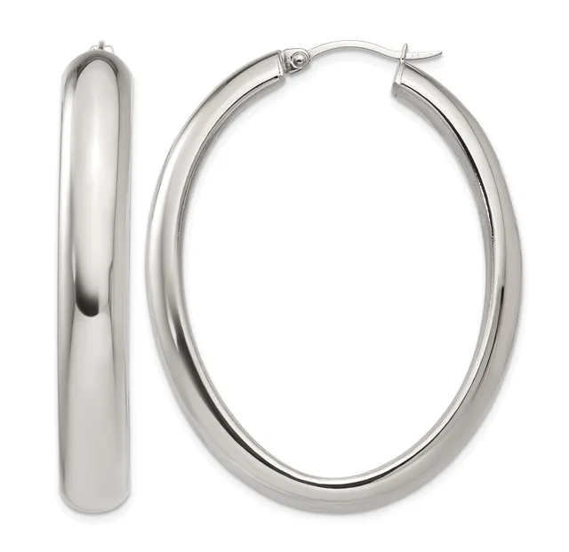 Pair of polished silver-tone oval hoop earrings with a chunky tubular design and hinged posts, shown from front and side views.