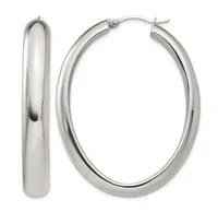 Pair of polished silver-tone oval hoop earrings with a chunky tubular design and hinged posts, shown from front and side views.
