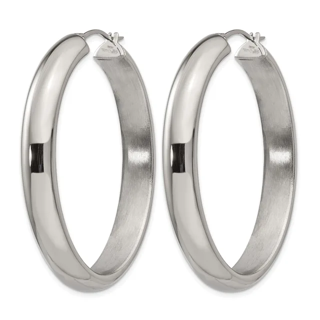 A pair of polished silver hoop earrings with a brushed finish on the inner surface and a post-and-clasp closure.