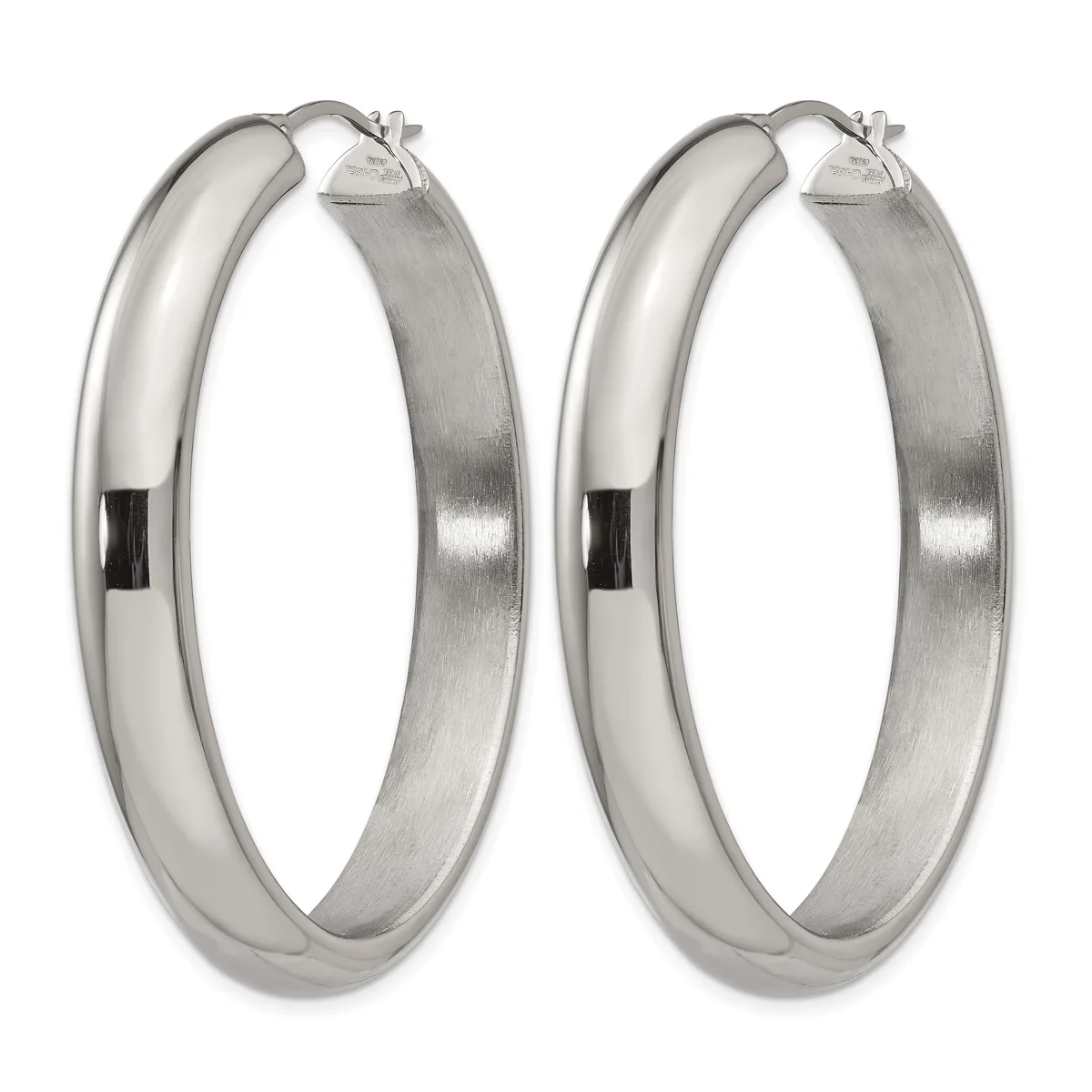 A pair of polished silver hoop earrings with a brushed finish on the inner surface and a post-and-clasp closure.