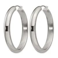 A pair of polished silver hoop earrings with a brushed finish on the inner surface and a post-and-clasp closure.