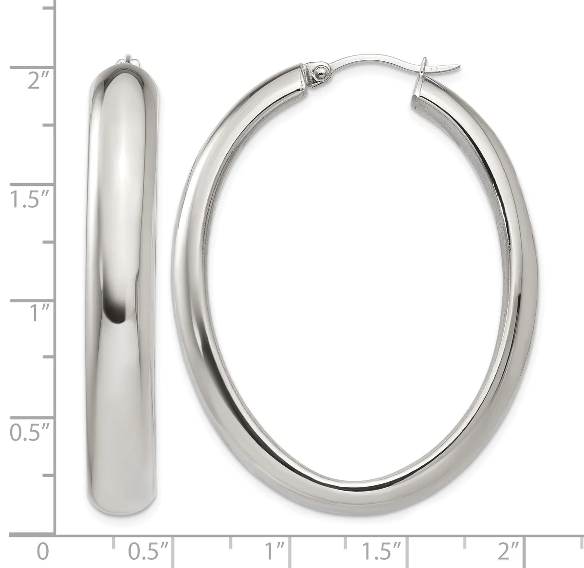 A pair of polished silver-toned oval hoop earrings shown from front and side views with a measurement scale indicating approximately two inches in height.