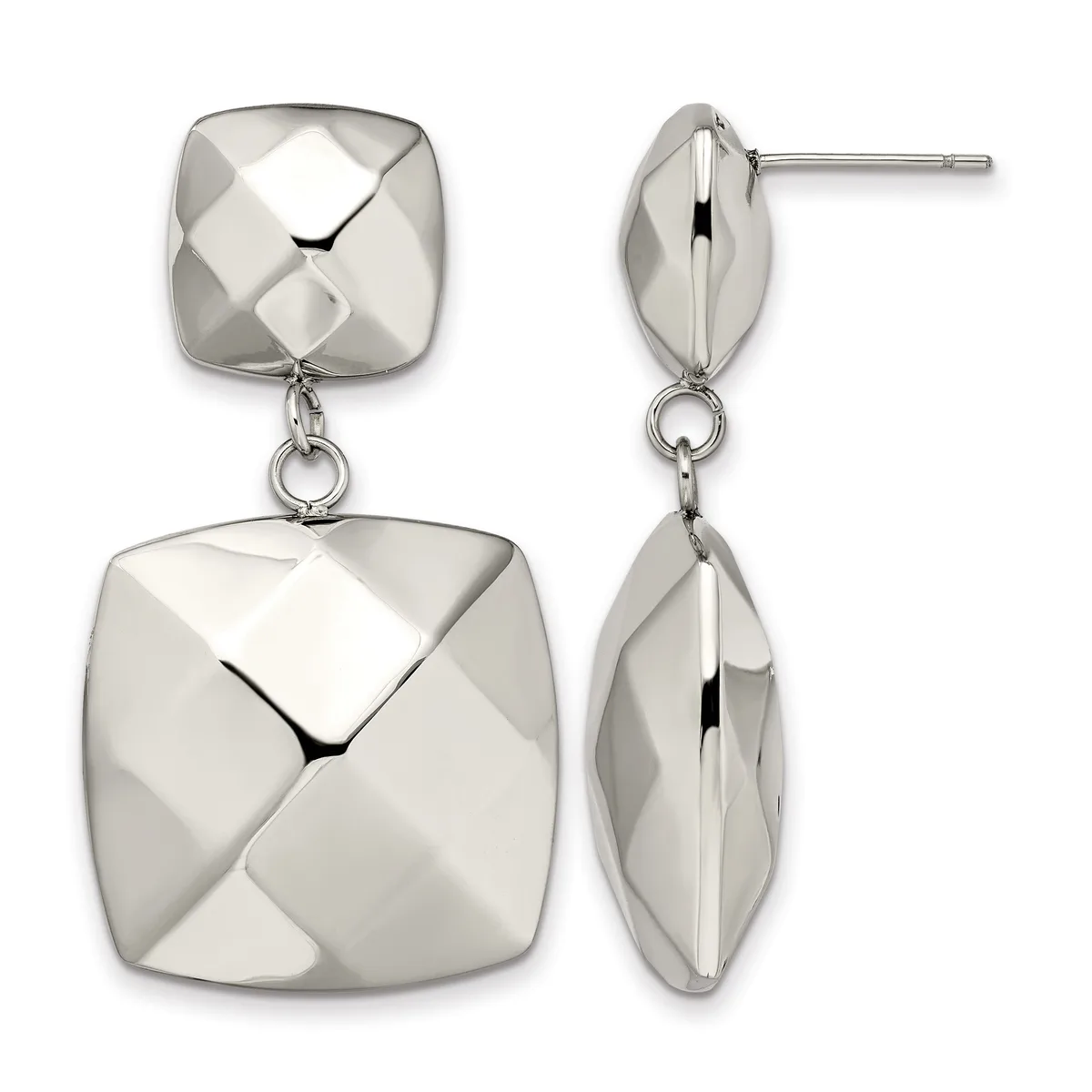 Pair of silver dangle earrings with faceted cushion-shaped tops and larger matching cushion-shaped drops connected by small rings, shown from front and side views.
