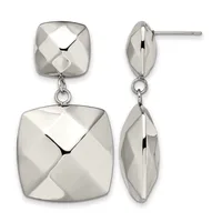 Pair of silver dangle earrings with faceted cushion-shaped tops and larger matching cushion-shaped drops connected by small rings, shown from front and side views.