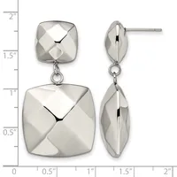 Two-part silver dangle earrings with quilted cushion-shaped tops and larger quilted cushion-shaped drops, shown from front and side views with a measurement scale.