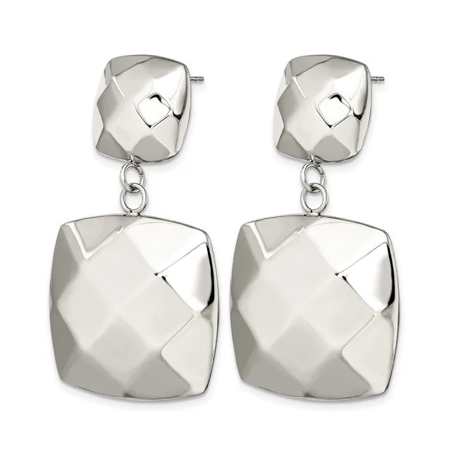 A pair of silver dangle earrings with geometric faceted cube-shaped tops connected by chains to larger matching faceted cube pendants.