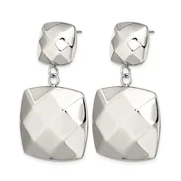 A pair of silver dangle earrings with geometric faceted cube-shaped tops connected by chains to larger matching faceted cube pendants.