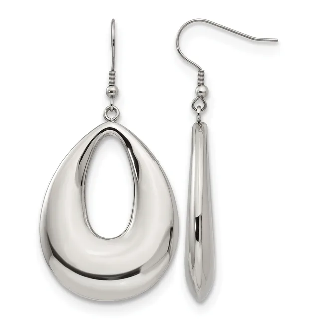 A pair of polished silver teardrop-shaped hollow earrings shown from front and side views, suspended from matching hook-style ear wires.