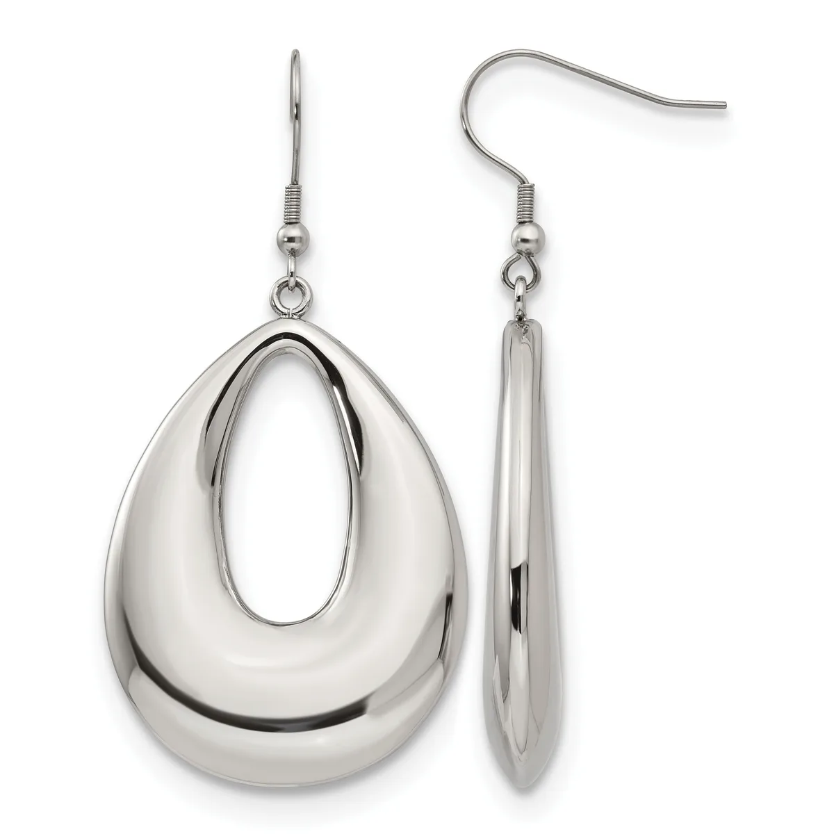 A pair of polished silver teardrop-shaped hollow earrings shown from front and side views, suspended from matching hook-style ear wires.
