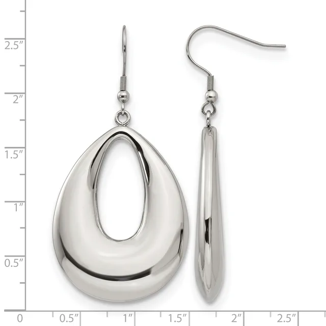 Pair of silver-toned teardrop-shaped dangle earrings with polished finish, shown front and side view against a measurement scale.