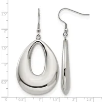 Pair of silver-toned teardrop-shaped dangle earrings with polished finish, shown front and side view against a measurement scale.