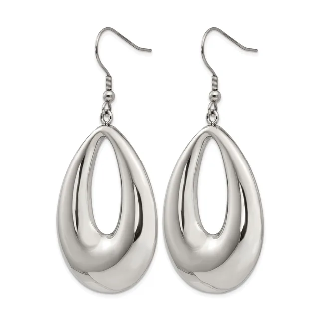 A pair of silver-toned teardrop-shaped earrings with polished finish, suspended from fish hook ear wires.