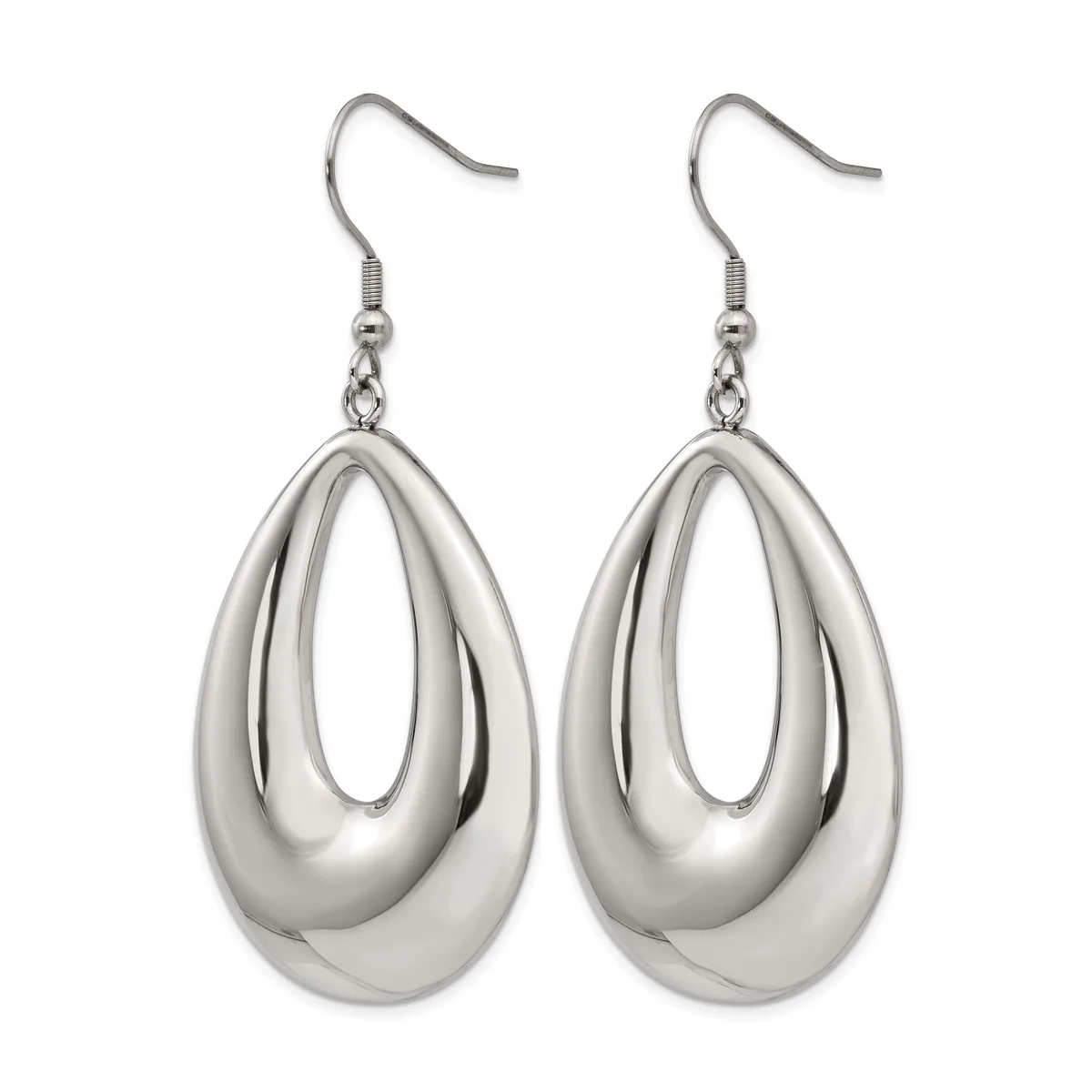 A pair of silver-toned teardrop-shaped earrings with polished finish, suspended from fish hook ear wires.
