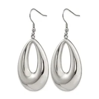 A pair of silver-toned teardrop-shaped earrings with polished finish, suspended from fish hook ear wires.