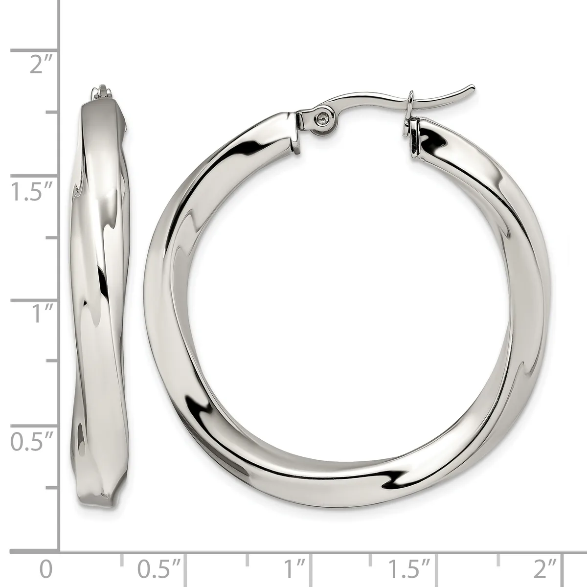 A pair of polished silver-toned hoop earrings with a twisted texture, shown from front and side views against a measurement scale indicating approximately 1.5 inches in diameter.