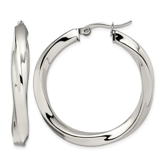 A pair of polished silver-toned twisted hoop earrings with hinged closures, shown from the front and side view.