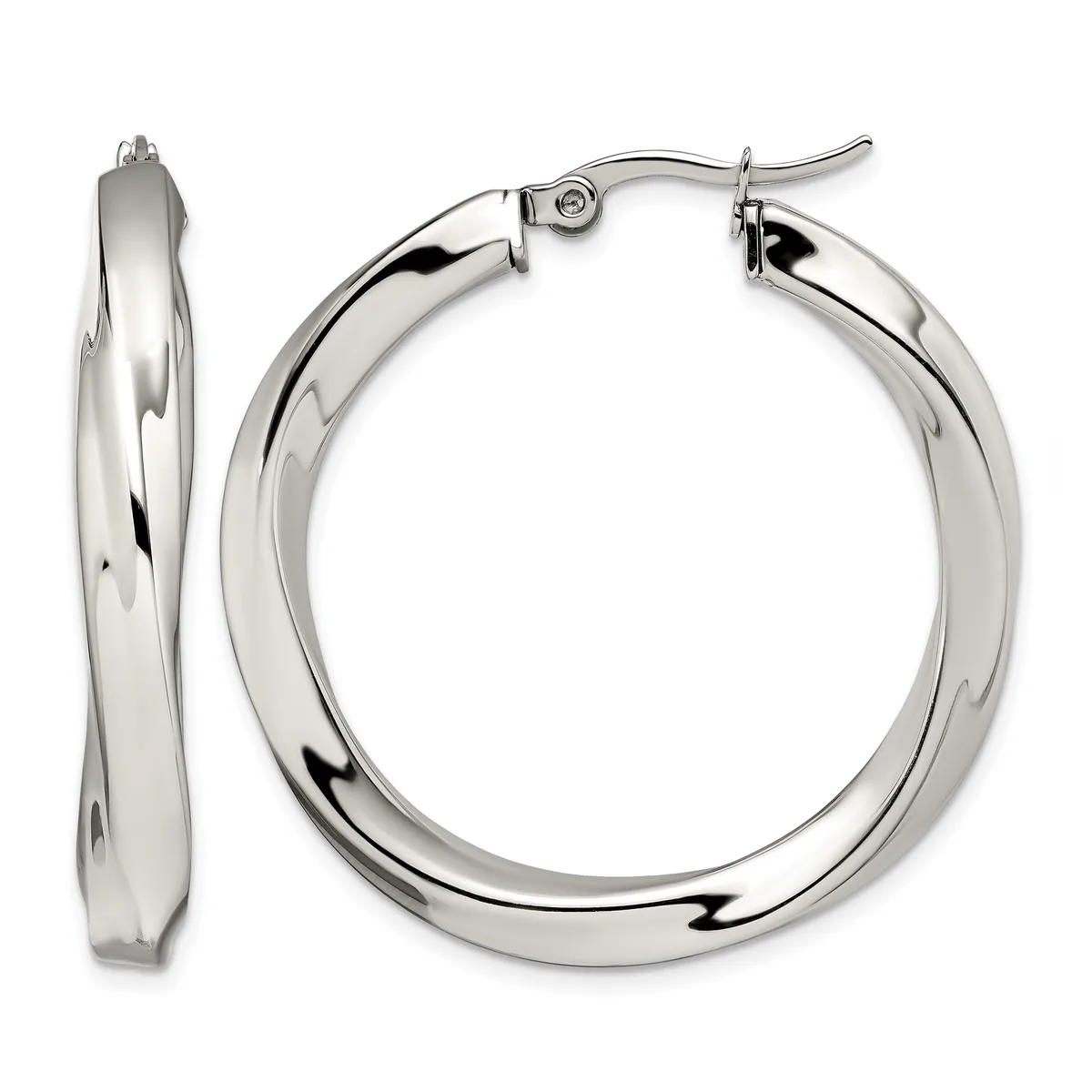 A pair of polished silver-toned twisted hoop earrings with hinged closures, shown from the front and side view.