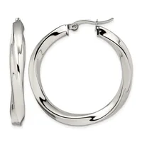 A pair of polished silver-toned twisted hoop earrings with hinged closures, shown from the front and side view.
