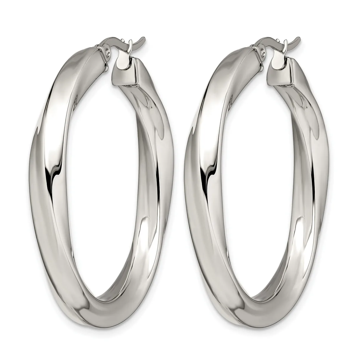 A pair of polished silver-toned hoop earrings with a chunky, tubular design and hinged closures, shown from above.
