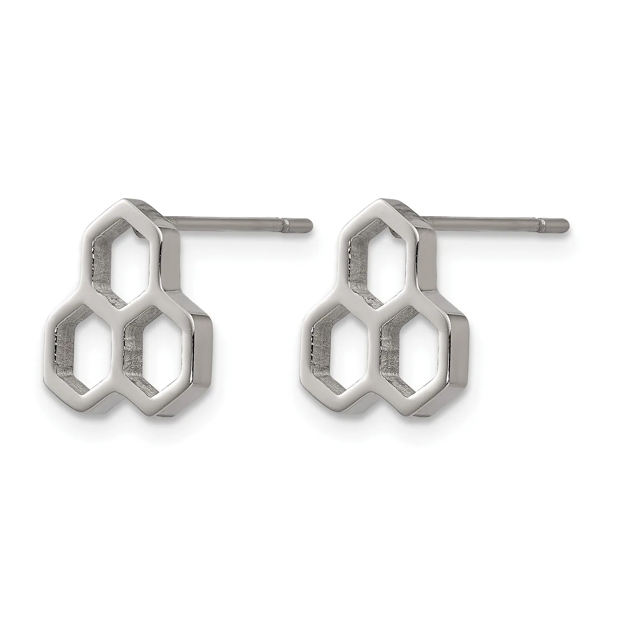 A pair of stainless steel stud earrings with geometric honeycomb-shaped designs featuring three connected hexagonal cutouts, displayed against a white background.