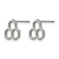 A pair of stainless steel stud earrings with geometric honeycomb-shaped designs featuring three connected hexagonal cutouts, displayed against a white background.