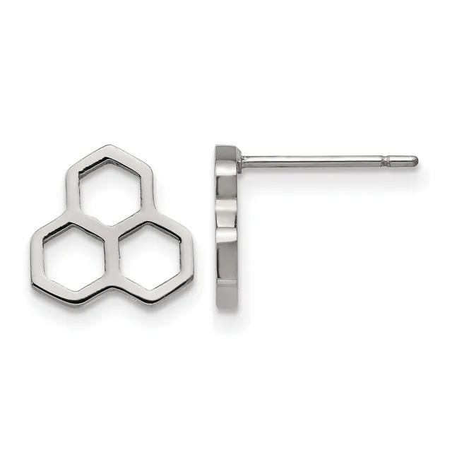 Pair of stainless steel stud earrings featuring three connected hexagons arranged in a triangular cluster, shown from front and side views.