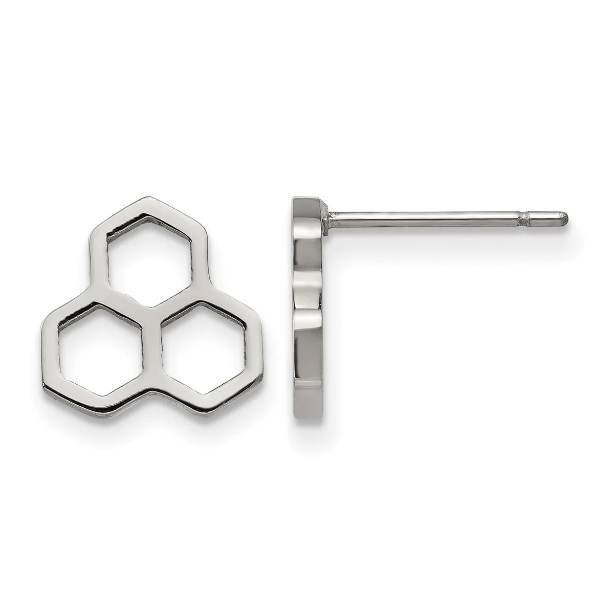 Pair of stainless steel stud earrings featuring three connected hexagons arranged in a triangular cluster, shown from front and side views.