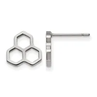 Pair of stainless steel stud earrings featuring three connected hexagons arranged in a triangular cluster, shown from front and side views.
