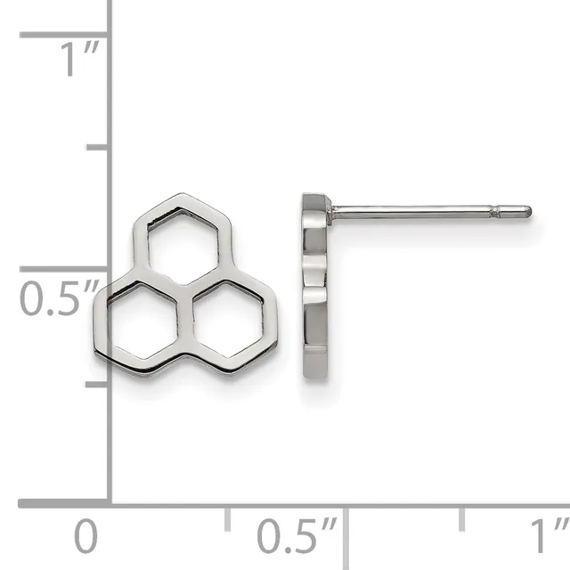 Sterling silver stud earrings shaped like three connected hexagons, shown from front and side views with a measurement scale indicating approximately 0.5 inches in height.