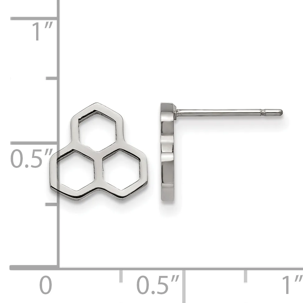 Sterling silver stud earrings shaped like three connected hexagons, shown from front and side views with a measurement scale indicating approximately 0.5 inches in height.