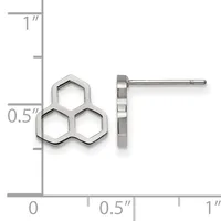 Sterling silver stud earrings shaped like three connected hexagons, shown from front and side views with a measurement scale indicating approximately 0.5 inches in height.