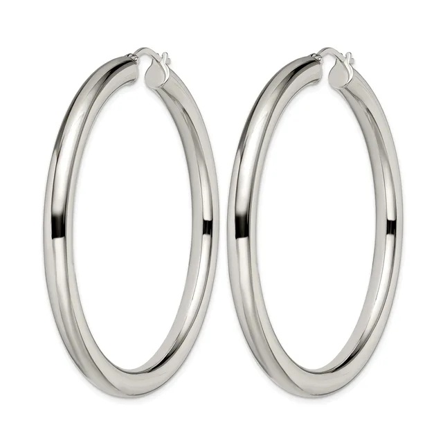 A pair of polished silver hoop earrings with a grooved texture, shown side by side against a white background.