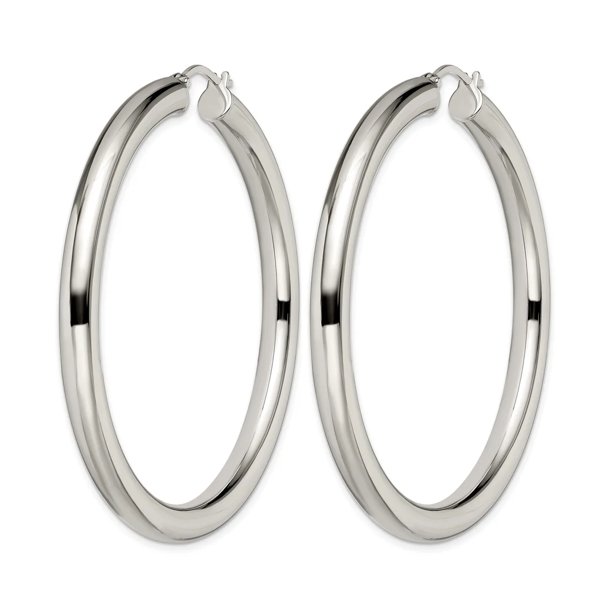 A pair of polished silver hoop earrings with a grooved texture, shown side by side against a white background.