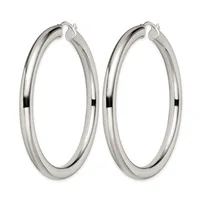 A pair of polished silver hoop earrings with a grooved texture, shown side by side against a white background.