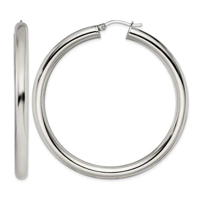 A pair of polished silver-toned hoop earrings shown from the front and side view, displaying their smooth, rounded tubular shape and hinged closures.
