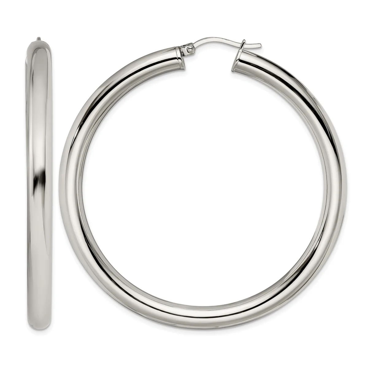 A pair of polished silver-toned hoop earrings shown from the front and side view, displaying their smooth, rounded tubular shape and hinged closures.