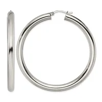 A pair of polished silver-toned hoop earrings shown from the front and side view, displaying their smooth, rounded tubular shape and hinged closures.