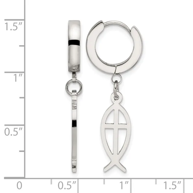 Sterling silver huggie hoop earrings with dangling fish and cross charms, shown against a measurement scale indicating approximately 1.5 inches in length.
