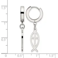 Sterling silver huggie hoop earrings with dangling fish and cross charms, shown against a measurement scale indicating approximately 1.5 inches in length.