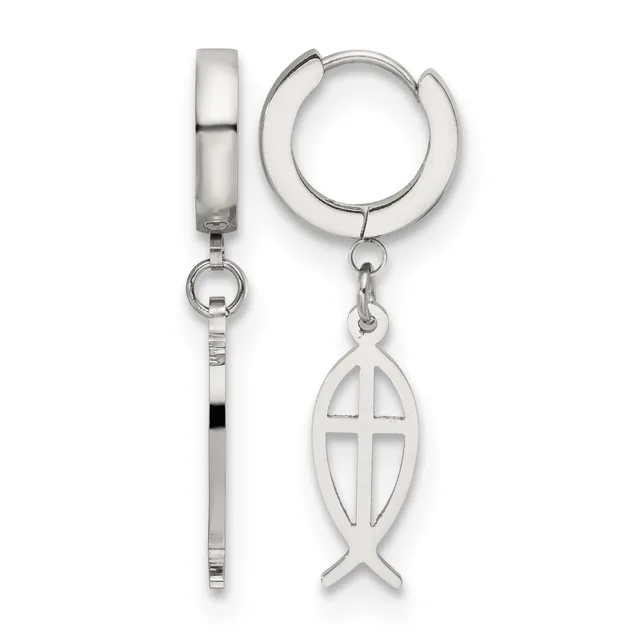 Pair of silver-toned hoop earrings, one plain and cylindrical, the other with a dangling fish-shaped charm featuring a cross cutout design.