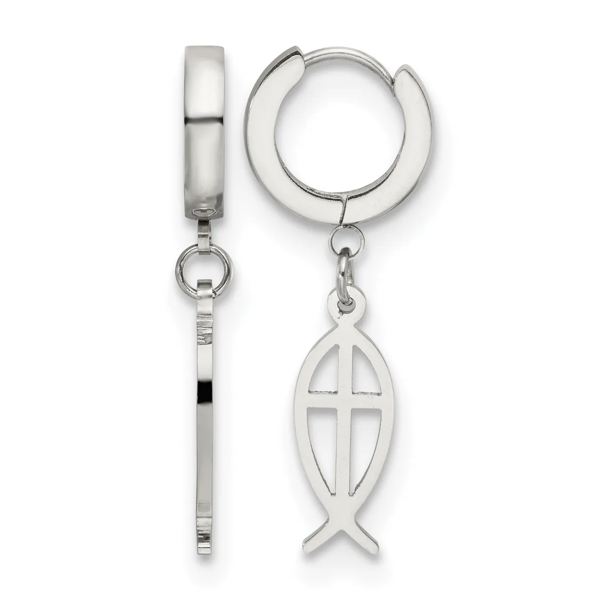Pair of silver-toned hoop earrings, one plain and cylindrical, the other with a dangling fish-shaped charm featuring a cross cutout design.