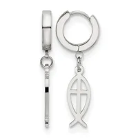 Pair of silver-toned hoop earrings, one plain and cylindrical, the other with a dangling fish-shaped charm featuring a cross cutout design.