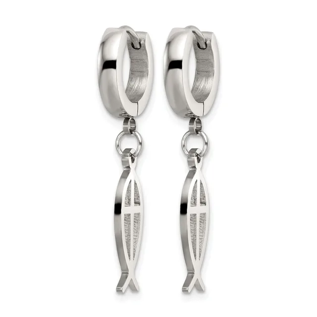 A pair of stainless steel huggie hoop earrings with dangling cross-shaped pendants featuring a brushed and polished finish.