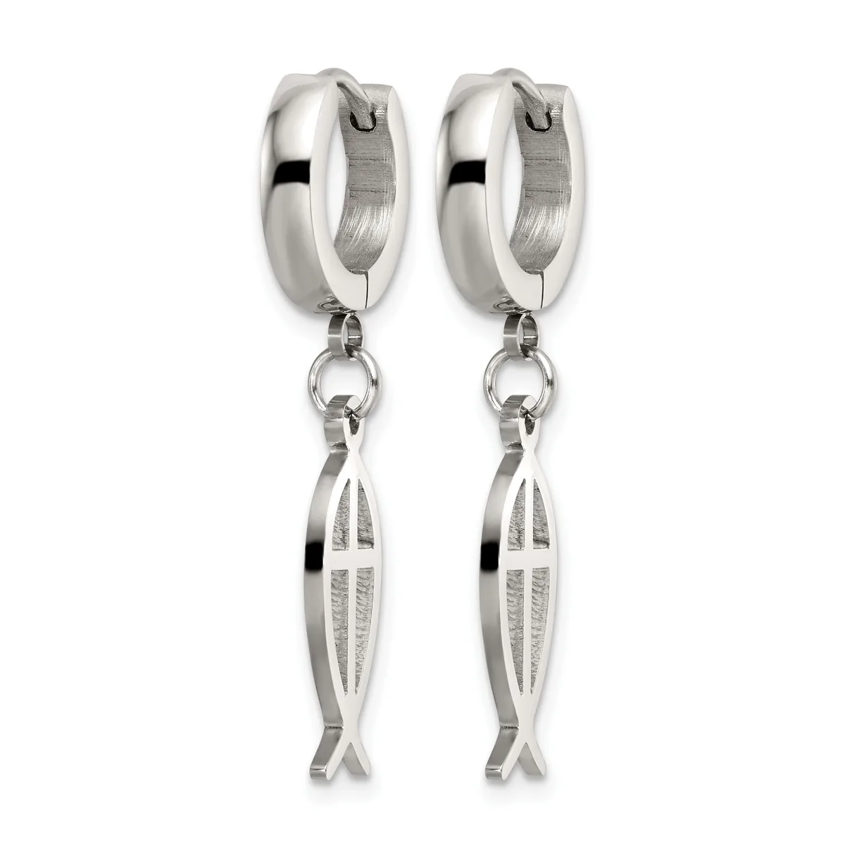 A pair of stainless steel huggie hoop earrings with dangling cross-shaped pendants featuring a brushed and polished finish.