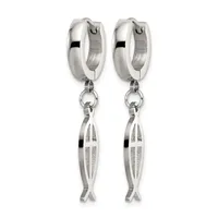 A pair of stainless steel huggie hoop earrings with dangling cross-shaped pendants featuring a brushed and polished finish.