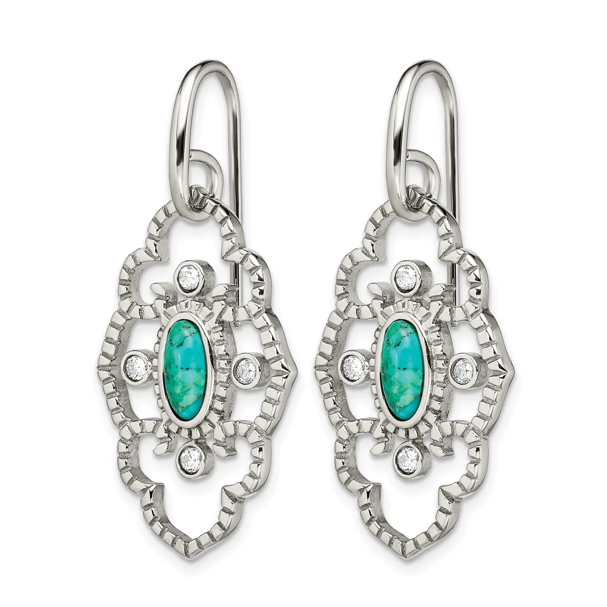 A pair of ornate silver drop earrings featuring turquoise oval stones surrounded by circular diamond accents and decorative filigree metalwork.