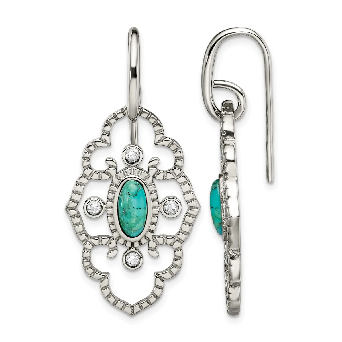 Pair of silver ornate dangle earrings with turquoise oval cabochon centers and round diamond accents, shown front and back views.