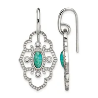 Pair of silver ornate dangle earrings with turquoise oval cabochon centers and round diamond accents, shown front and back views.